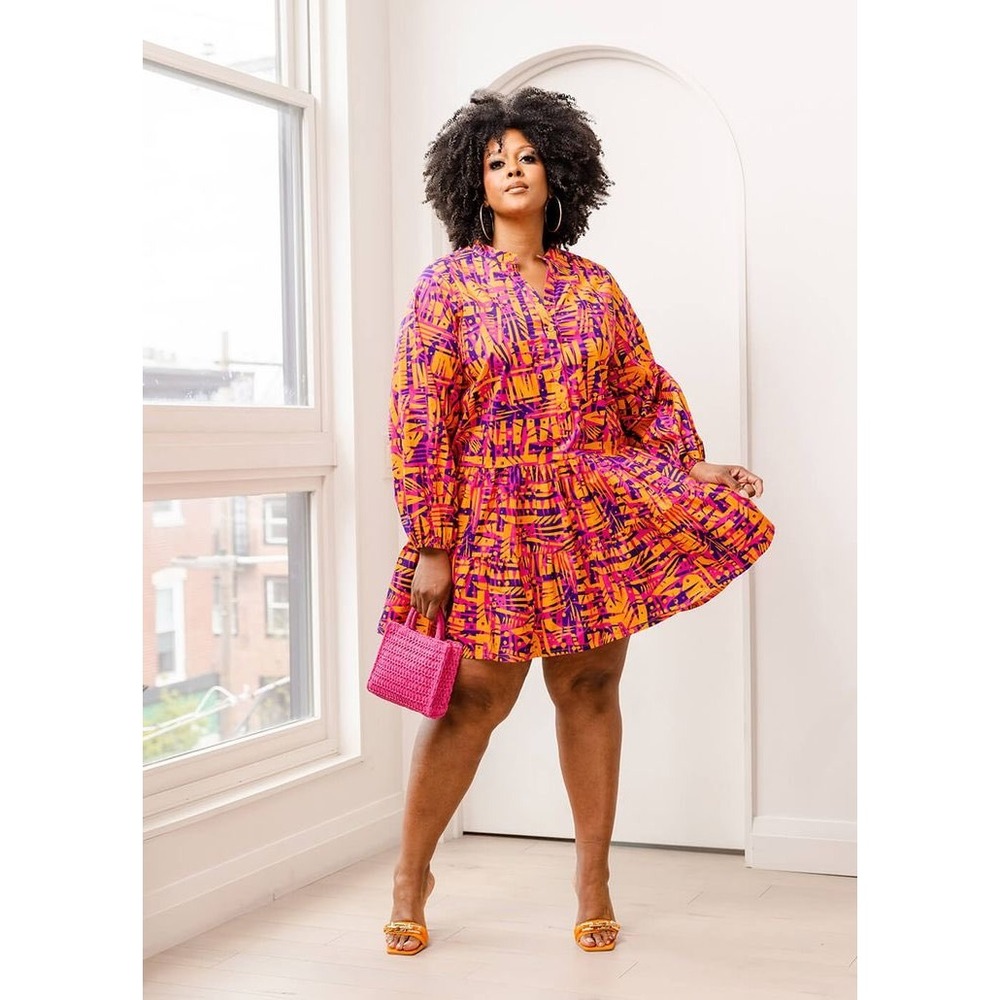 Diyana Women African Print Dress‎ Orange Pink Abstract Tiered Bohemian Artsy